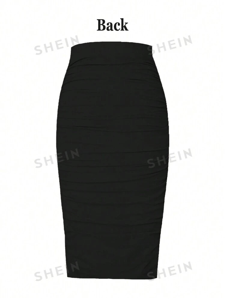 SHEIN Slayr Women Plus Size Black Solid Color Elastic Waist Pleated Skirt, Soft Comfortable Fitte... | SHEIN