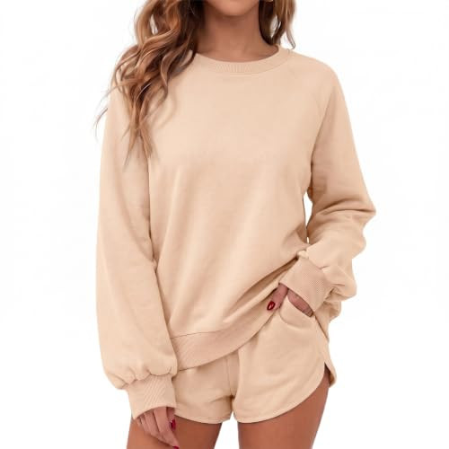 Women 2 Piece Sets Sweatsuits Long Sleeve Crewneck Sweatshirt Shorts Set | Amazon (US)