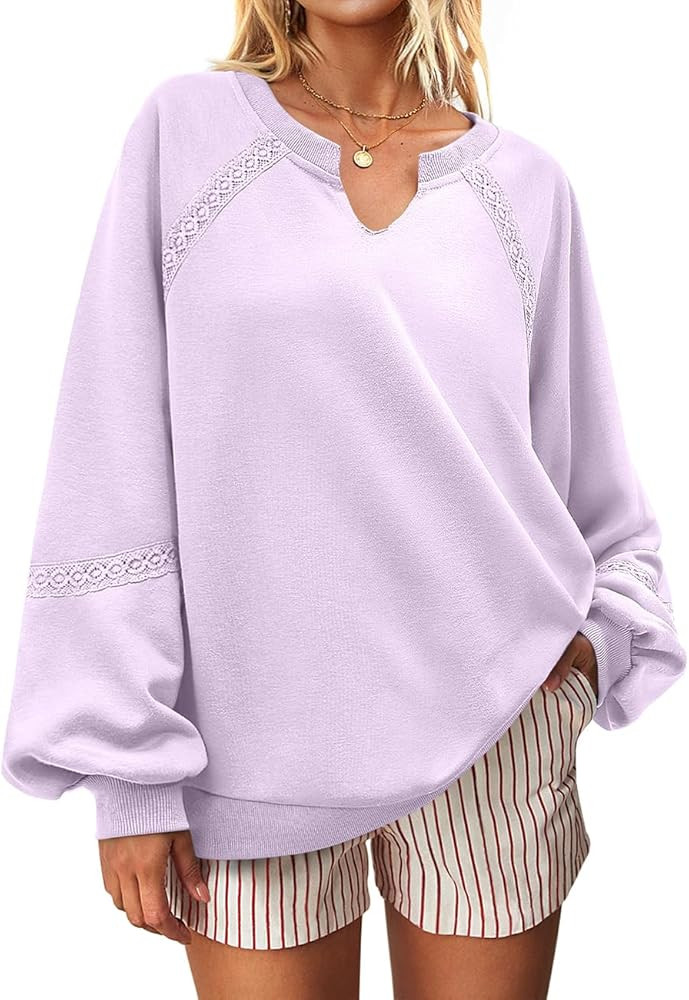 UEU Womens V Neck Crochet Sweatshirt Long Sleeve Oversized Pullover Loose Fit Casual Knit Tops Li... | Amazon (US)