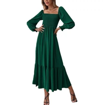 Rejlun Women Ruched Maxi Dresses Ruffle Solid Color Long Dress Holiday Dress Green XL | Walmart (US)