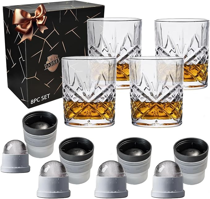 OLD BARREL Whiskey Glasses Set of 8 (4 Glasses with 4 Ice Ball Molds) 10oz Old Fashioned Crystal ... | Amazon (US)