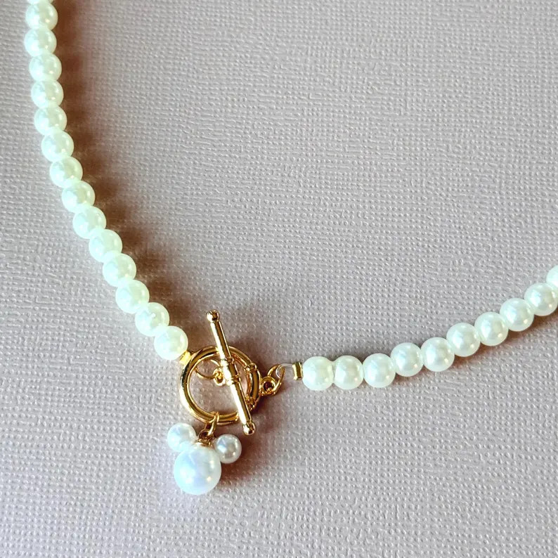 Pearl Mickey Charm Necklace | 18k Gold Plated Toggle, 16 Inch - Etsy | Etsy (US)