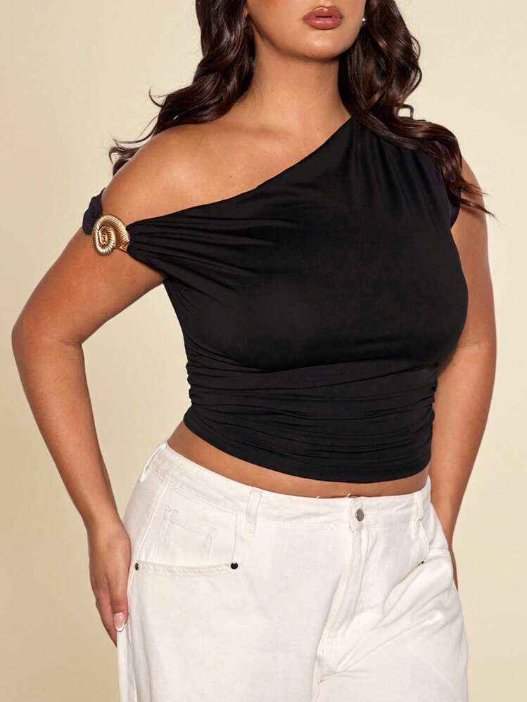 SHEIN BAE Plus Size Women's Spring & Summer Asymmetric Shoulder Ruched Waist Knit Stretchy Blouse... | SHEIN