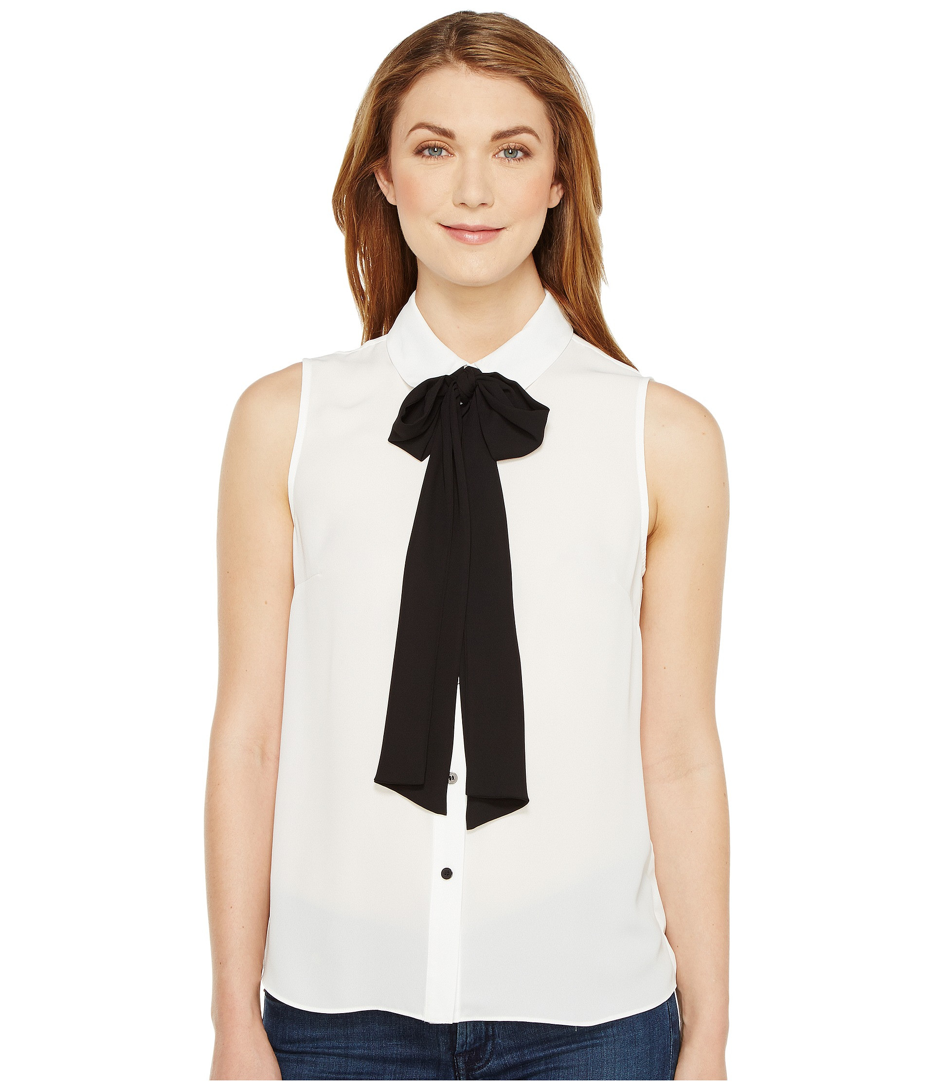 CeCe Sleeveless Collared Blouse w/ Bowtie | Zappos