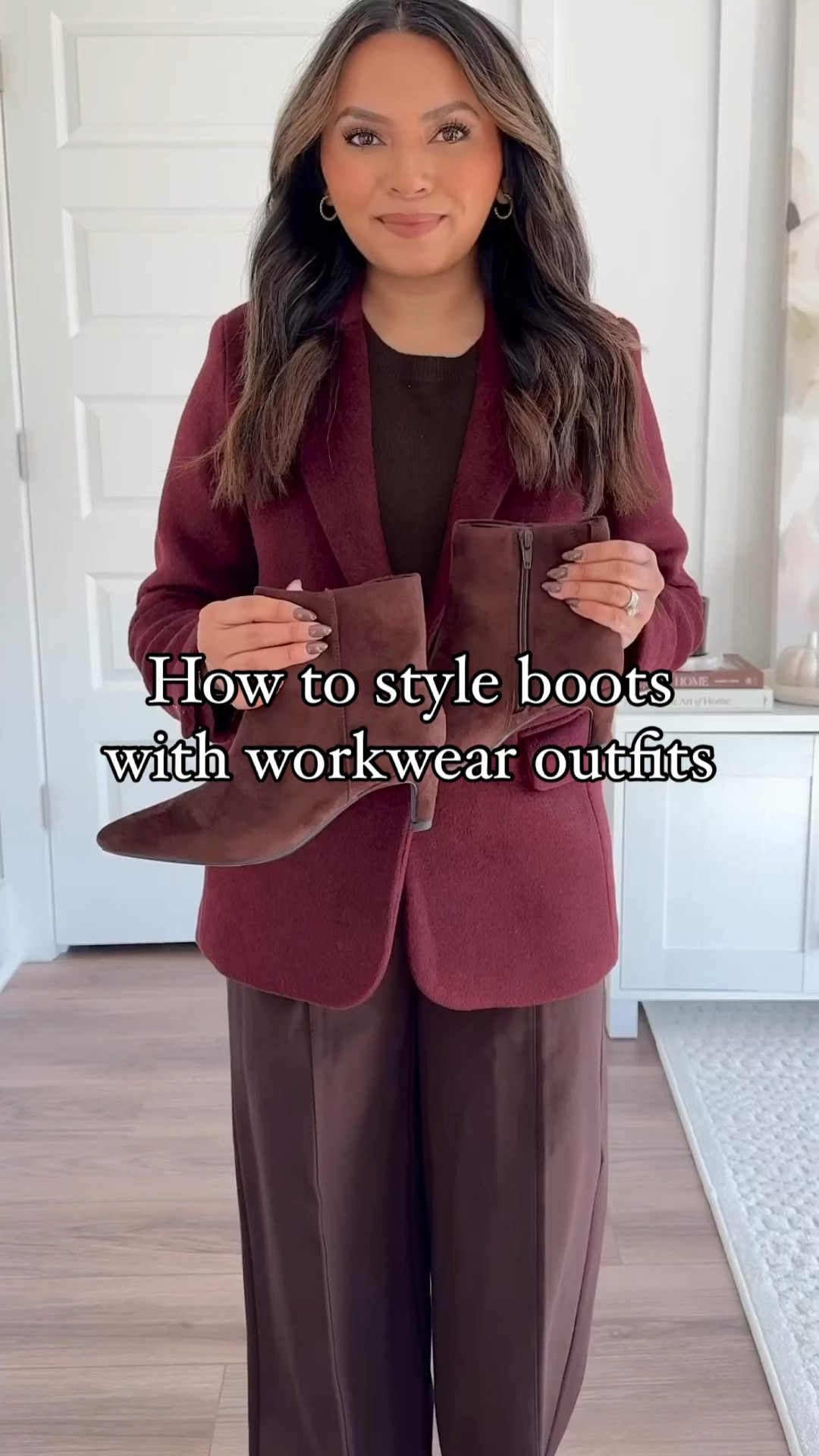 Styling boots with workwear!
Burgundy blazer size xxs TTS
Brown cashmere sweater size xs TTS - use code RACHEL25 for 25% off
Brown flare pants size 2 petite TTS
Brown boots size 5.5 TTS

Tan cardigan size xs - roomy fit 
Black crop flare pants size small petite TTS (usually size 2/26 petite in pants)  - 15% off and free shipping with code HONEYSWEETSPANX
Black boots size 6 - usually size 5.5 but these start in a 6 and fit perfectly

Camel blazer size 0 petite TTS
Camel tan sweater size xs TTS - use code RACHEL25 for 25% off
Brown Corduroy pants size 2 petite TTS
Brown belt size xs TTS
Brown suede boots size 5.5 TTS

Black tweed jacket size xs TTS
Black bodysuit size xs TTS
Black pants size petite TTS (usually size 2/26 petite in pants)  - 15% off and free shipping with code HONEYSWEETSPANX
Black boots size 6 - usually size 5.5 but these start in a 6 and fit perfectly

Burgundy cherry blazer size xs petite TTS
Black bodysuit size xs TTS
Burgundy cherry pants size xs petite TTS
Black belt size 
Black boots size 5.5 TTS 
Black Belt size 26-30”  

Workwear 
Work outfit
Office outfit
Fall outfit 
Fall style
Fall dress 
Fall fashion 
Thanksgiving outfit 
Christmas outfit 
Holidays 

Honey Sweet Petite 
Honeysweetpetite 


#LTKWorkwear #LTKStyleTip #LTKSaleAlert