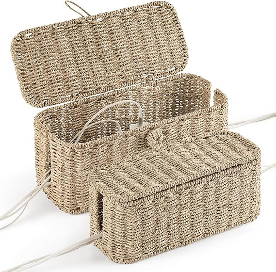 2-Pack Large Cable Management Box, Natural Rattan Cable Cord Organizer Boxes for Power Strip – ... | Amazon (US)
