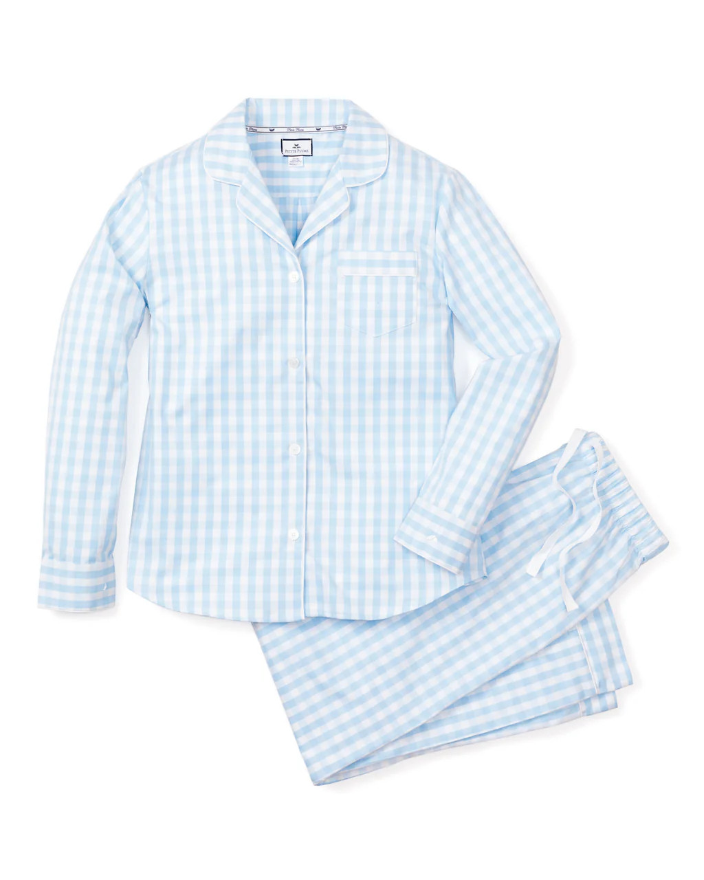 Women's Twill Pajama Set in Light Blue Gingham | Petite Plume