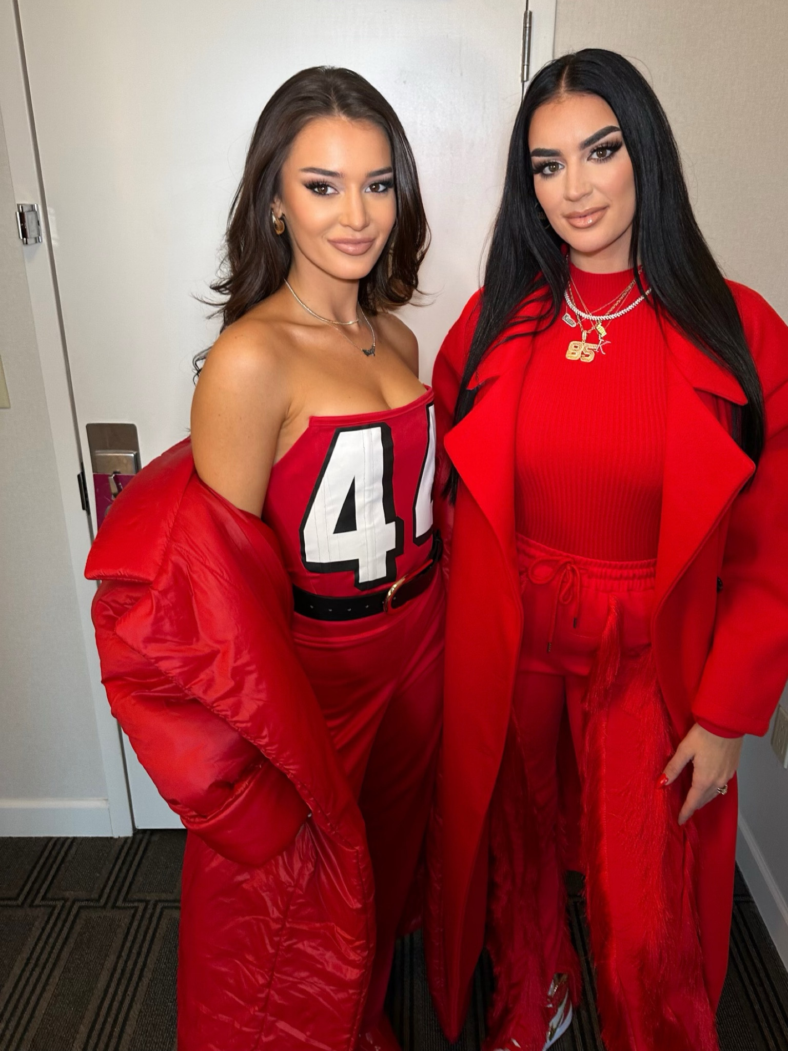 49ers, red, jumpsuit, red puffer coat