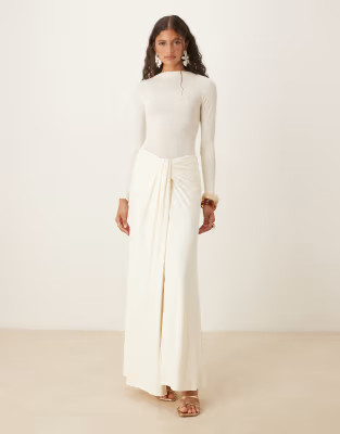 SNDYS premium high neck semi sheer long sleeve top and maxi skirt co-ord in off white | ASOS | ASOS (Global)
