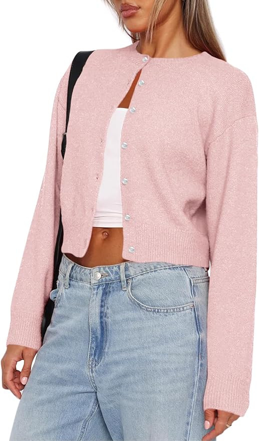 Balimtoy Women's Cropped Cardigan Sweaters Long Sleeve Button Down Sweaters Knit Cardigan Cute Y2... | Amazon (US)