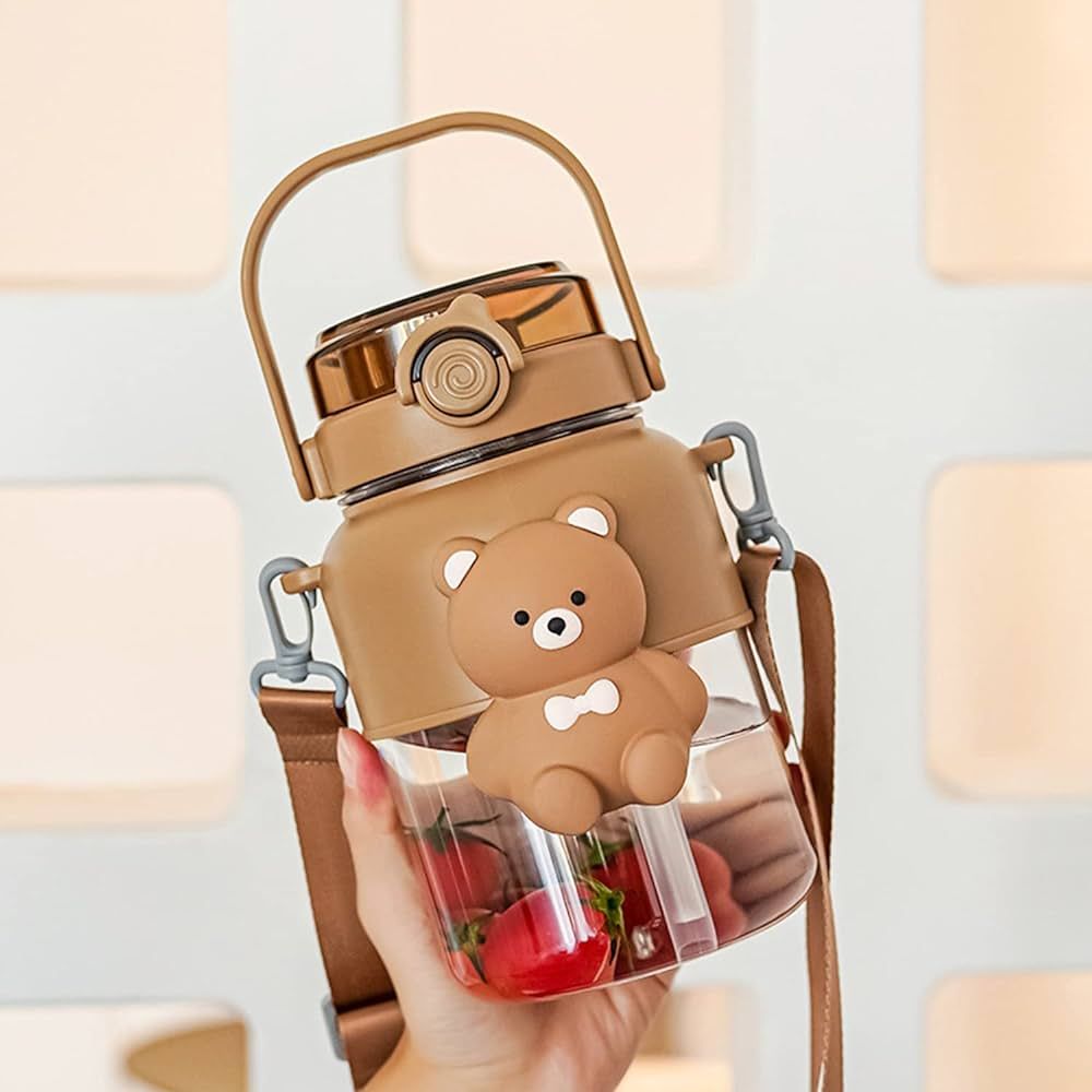 1000ml Cute Bear Water Bottle Bear Water Cup with Straw and Portable Strap Double Drinking Water ... | Amazon (US)