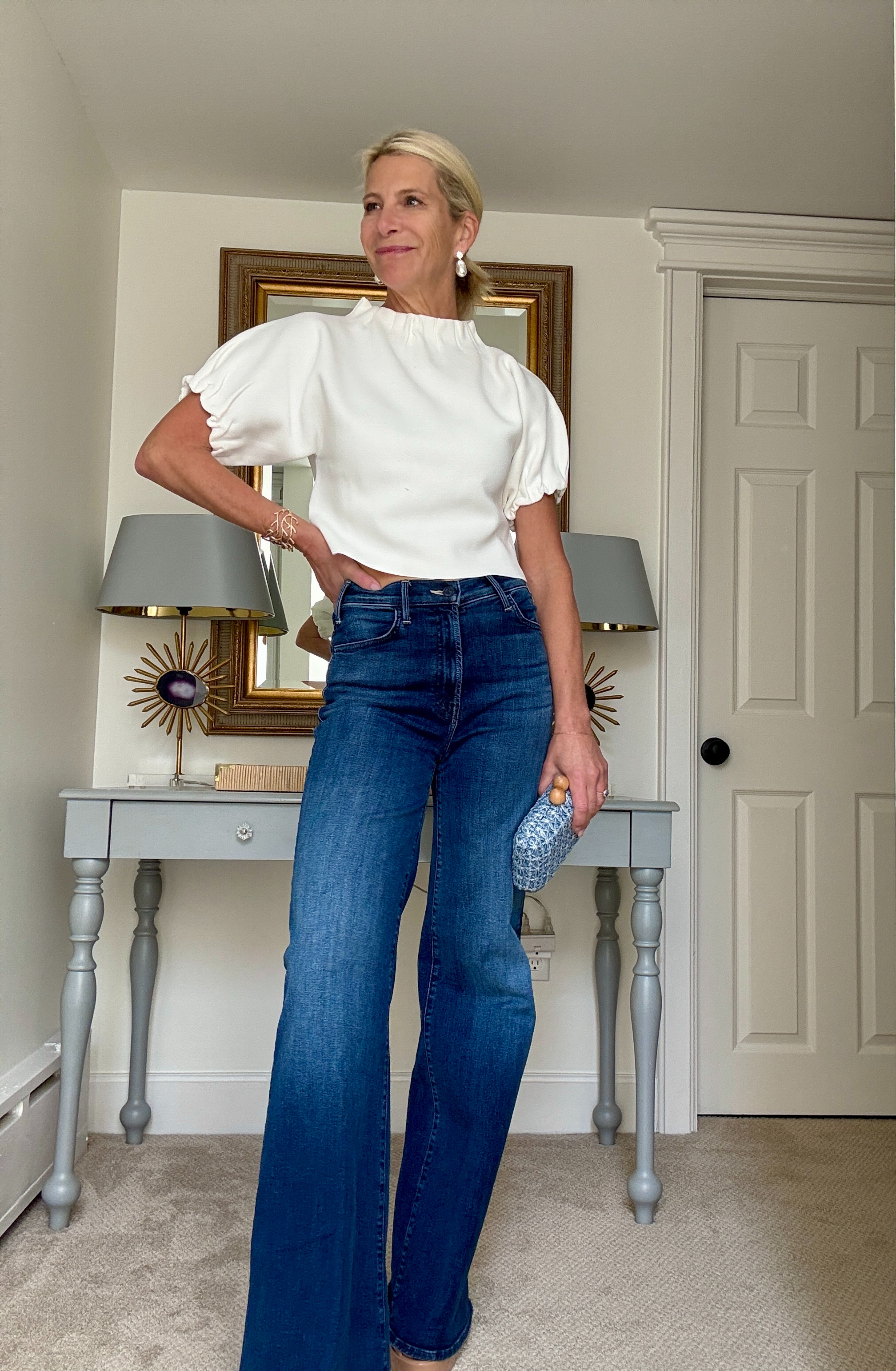 White Puff Sleeve Top and Wide Leg Jeans Outfit. 

 #LTKootd #LTKSeasonal #LTKOver40