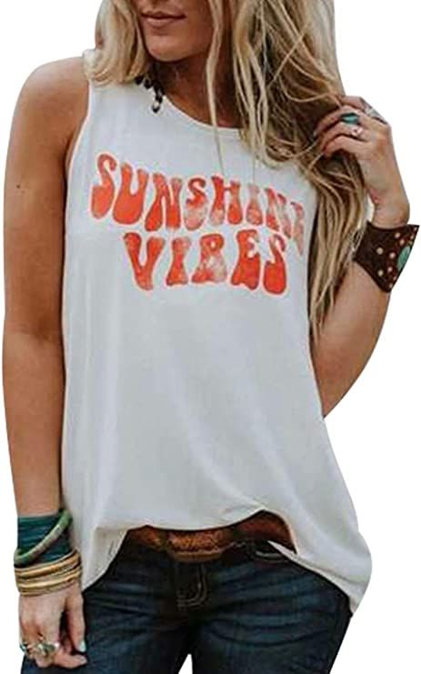 Sunshine Vibes Letter Print Vest T Shirt Women's Summer Sleeveless Graphic Tank Tops Casual Loose... | Amazon (US)
