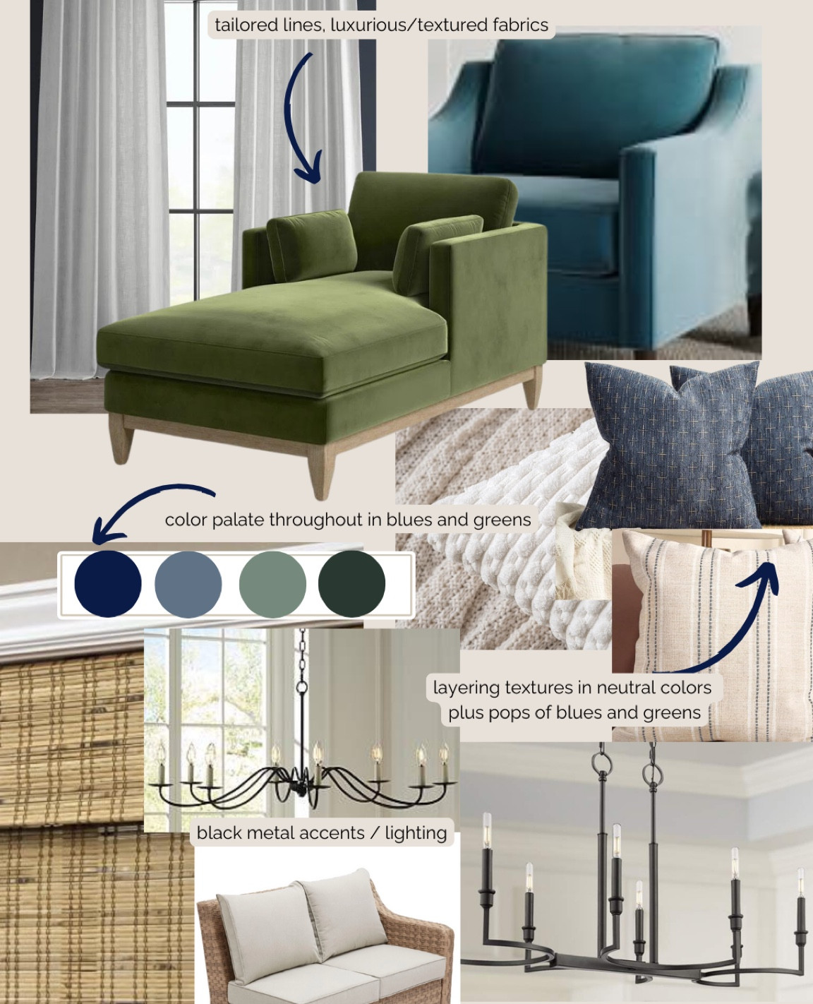 Mood board made for a big project! Neutral colors, blues and greens, modern coastal style, accent chairs, comfy arm chairs, chandeliers/pendant lights, bamboo shades, white linen curtains. 

#LTKHome
