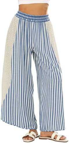 Athlisan Womens Summer Casual Loose Striped Wide Leg Lounge Pants Elastic Waist Palazzo Trousers | Amazon (US)
