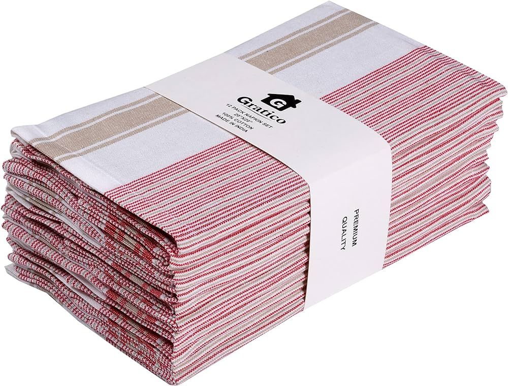 [20x20] Cloth Napkins Set of 12 Cotton, Dinner Napkins Cloth Washable, Italian Stripes Premium Ov... | Amazon (US)