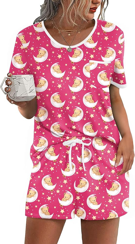 Ekouaer Pajama Set for Women 2 Piece Lounge Set Short Sleeve Tops and Shorts Soft Sleepwear, Ches... | Amazon (US)