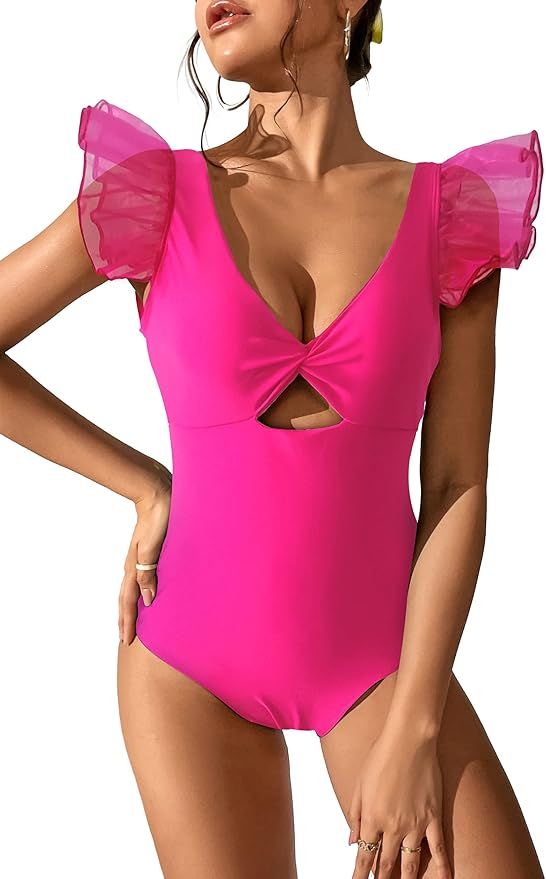 SPORLIKE Women One Piece Swimsuit Organza Ruffle Bathing Suit Twisted Front Swimwear | Amazon (US)