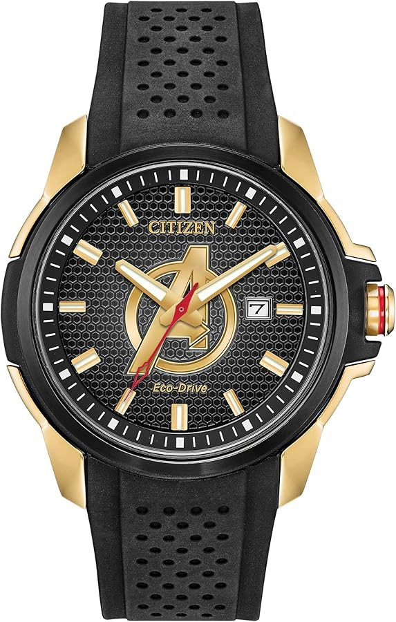 Citizen Men's Eco-Drive Marvel Avengers Watch, Gold Tone with Black Silicone Strap, 3-Hand Date, ... | Amazon (US)
