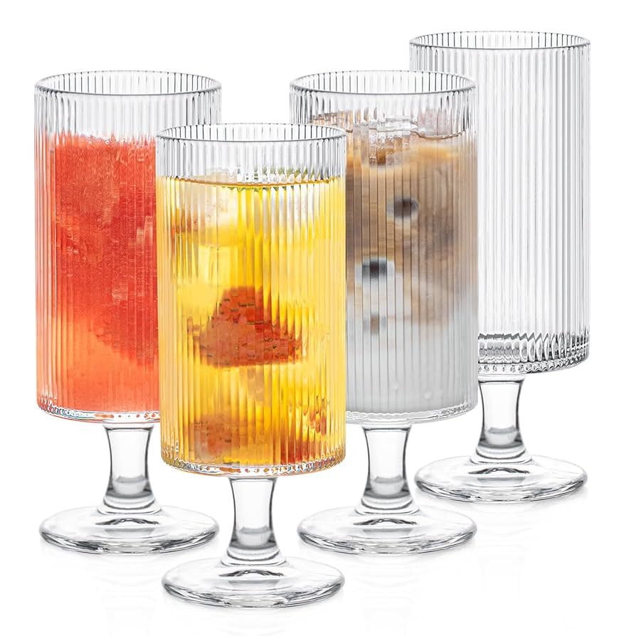 Set of 4 Ribbed Glass Goblets – 12oz Vertical Stripe Stemmed Glassware for Cocktails, Wine, and... | Amazon (US)