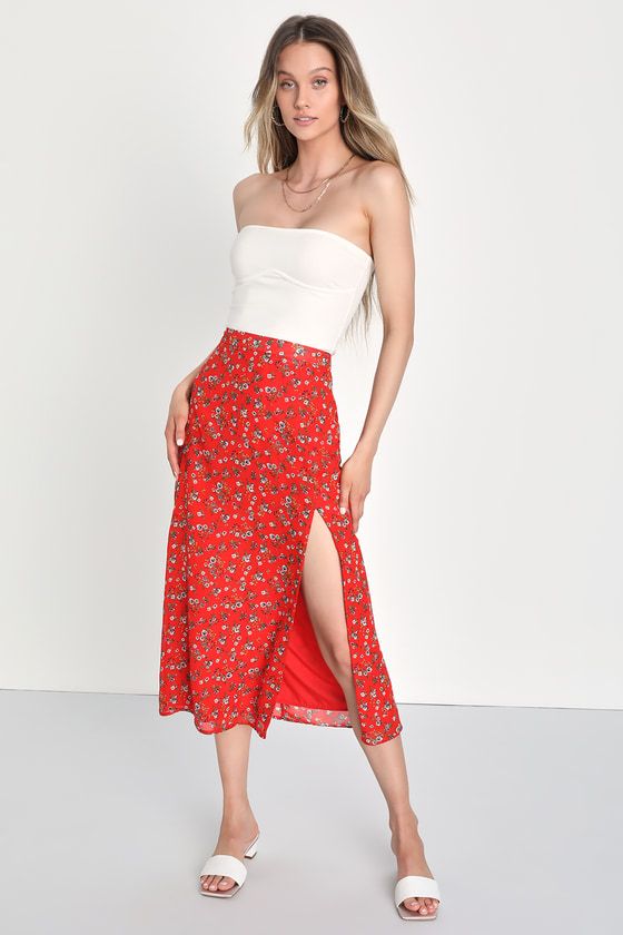 Italian Ideals Red Floral Print High-Rise Midi Skirt | Lulus (US)