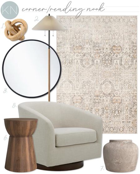 This reading nook design plan features a swivel arm chair, round drum end table, floor lamp, earthenware table vase, decorative knot and neutral area rug. It also includes a round mirror, that is an amazing value! home decor living room decor bedroom decor seating sitting area Wayfair find

#LTKstyletip #LTKhome #LTKsalealert