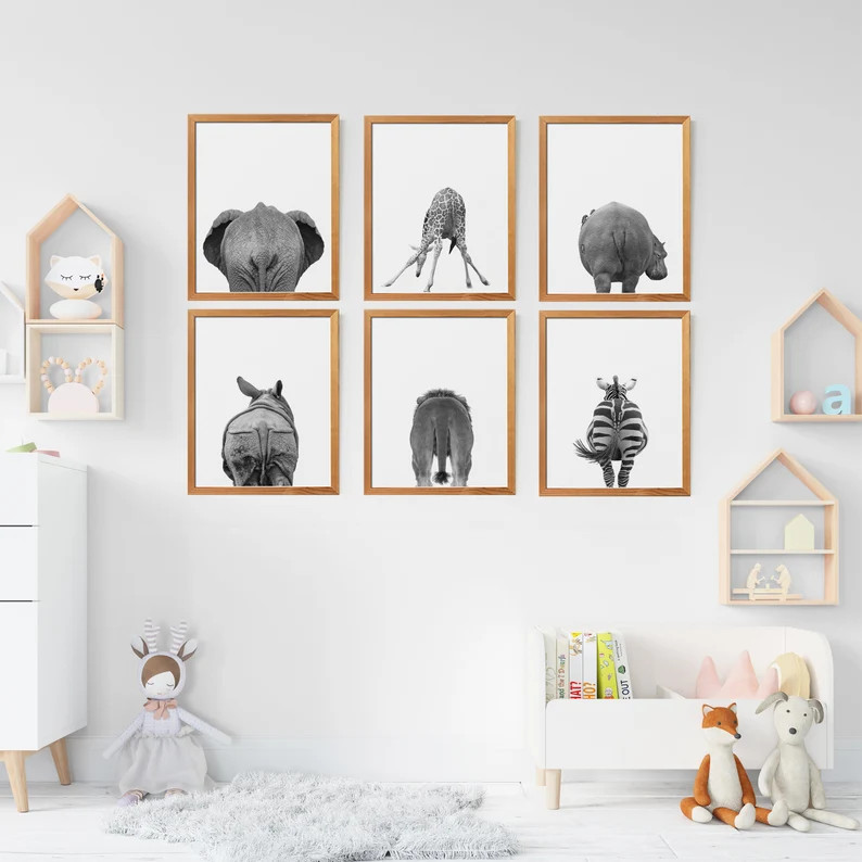 Bathroom Wall Decor Set of 6 Safari Animal Butt Prints, Nursery Art, Black and White Prints, Elep... | Etsy (US)