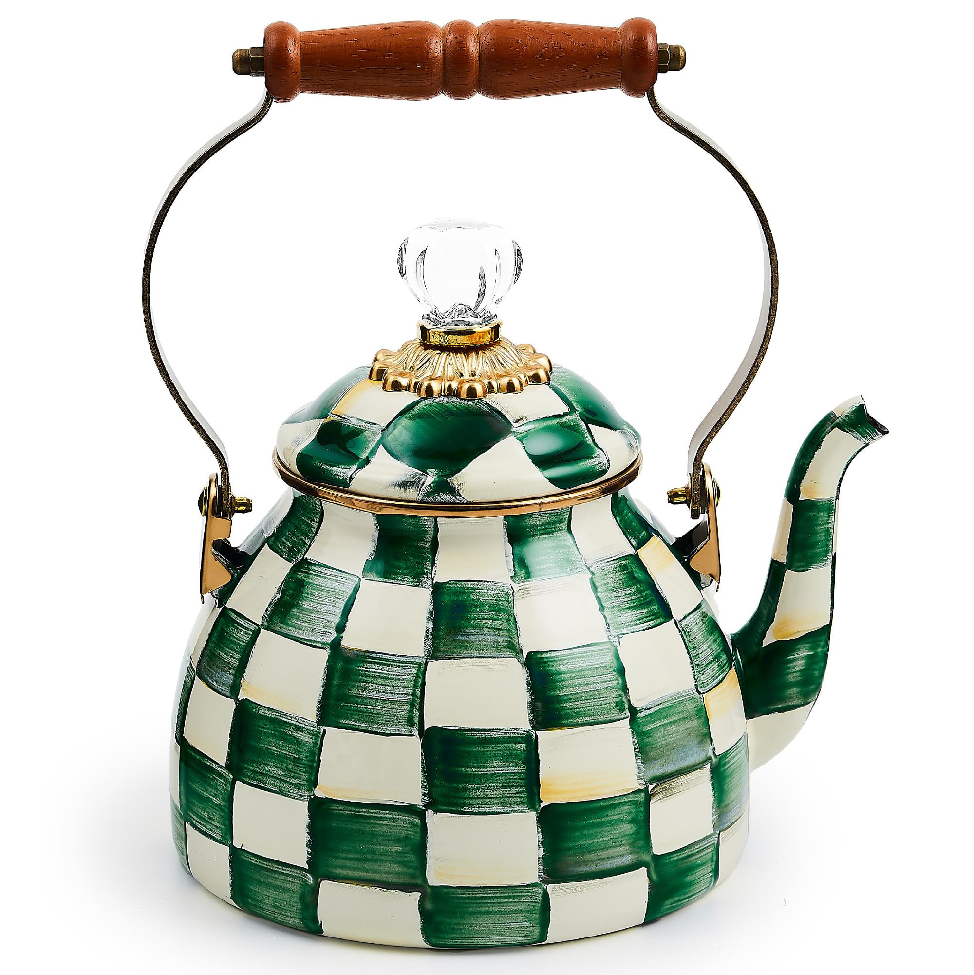 MACKENZIE-CHILDS Enamel Tea Kettle, Stylish Tea Kettle for Stovetop, Green-and-White Emerald Chec... | Amazon (US)