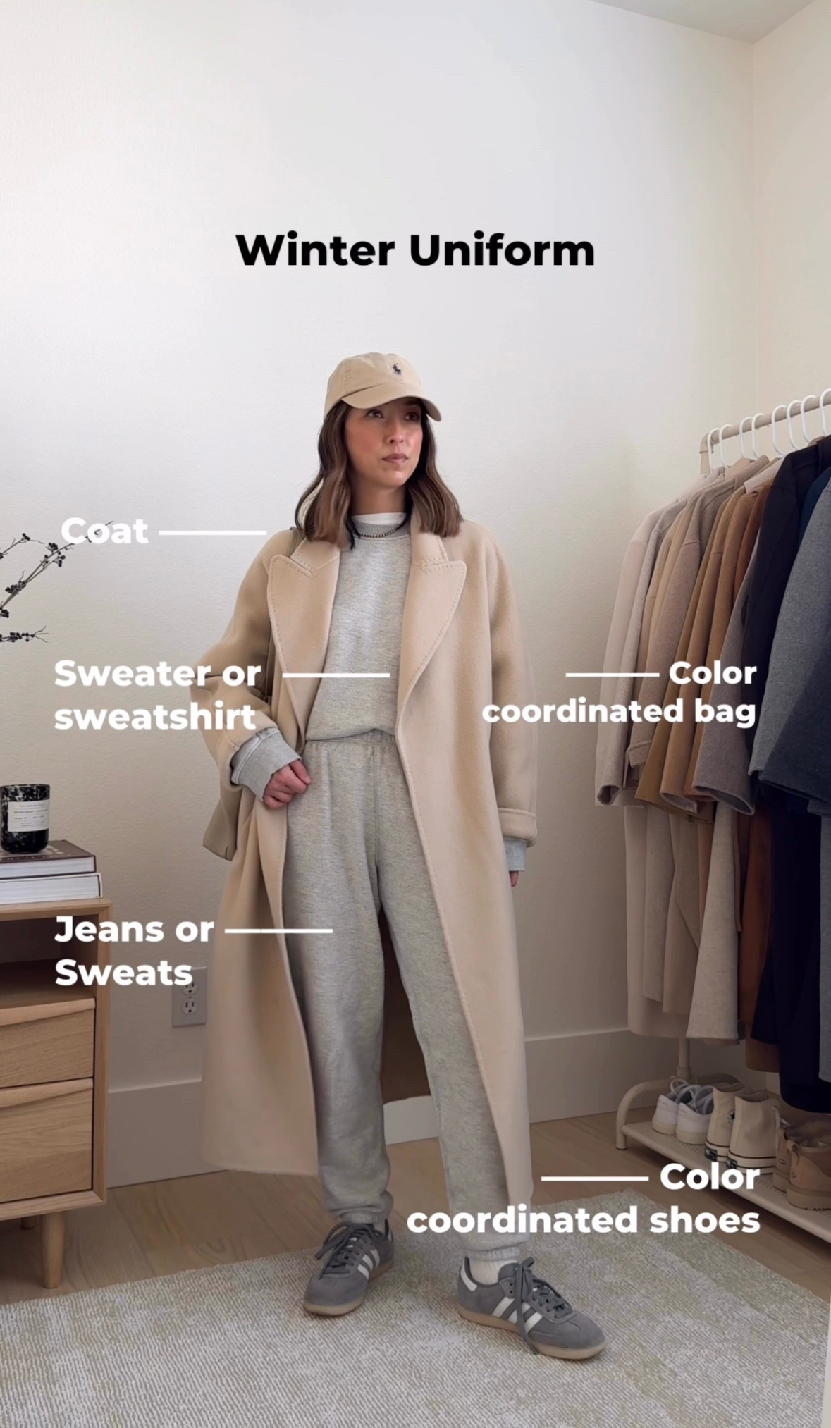 Winter can get a bit depressing when it comes to getting dressed. That's why I put together a winter outfit formula. It saves mental energy, it guarantees polish, it prevents overbuying, and builds consistency. 

Winter outfit formula: 

1. Coat
2. Sweater/Sweatshirt
3. Jeans/Sweats/Lounge/Pants
4. Color Coordinate shoes and bags

Outfit Details
Gentle Herd Coat xs (old)
Jenni Kayne Sweatshirt medium
Jenni Kayne sweats xs
Everlane tee medium
Adidas Samba 4 mens
Polo Ralph Lauren hat
Cuyana Easy Tote in Stone size small

#LTKSeasonal #LTKPetite