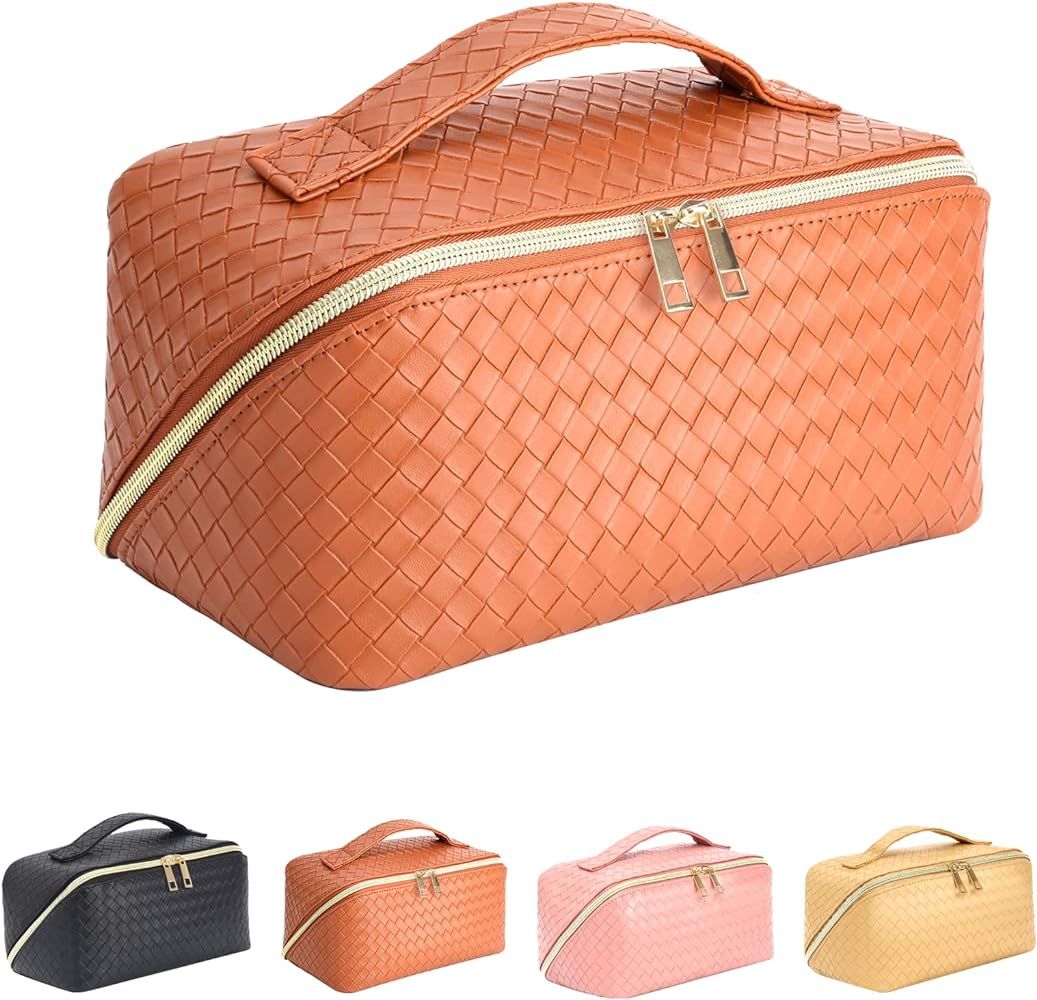 ZAUKNYA Large Capacity Travel Cosmetic Bag - Makeup Bag, Portable Leather Waterproof Women Travel... | Amazon (US)
