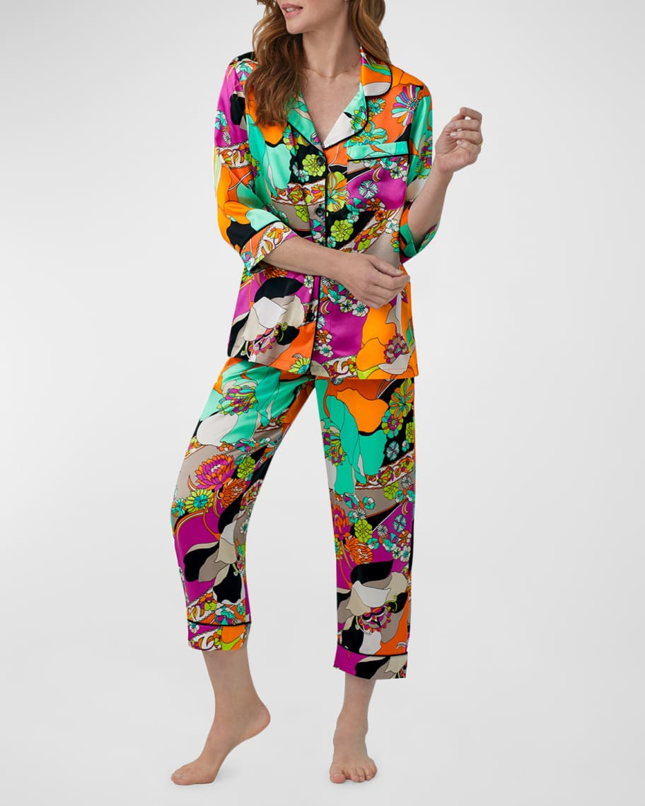 Trina Turk x Bedhead Pajamas Cropped Floral-Print Silk Pajama Set | Neiman Marcus