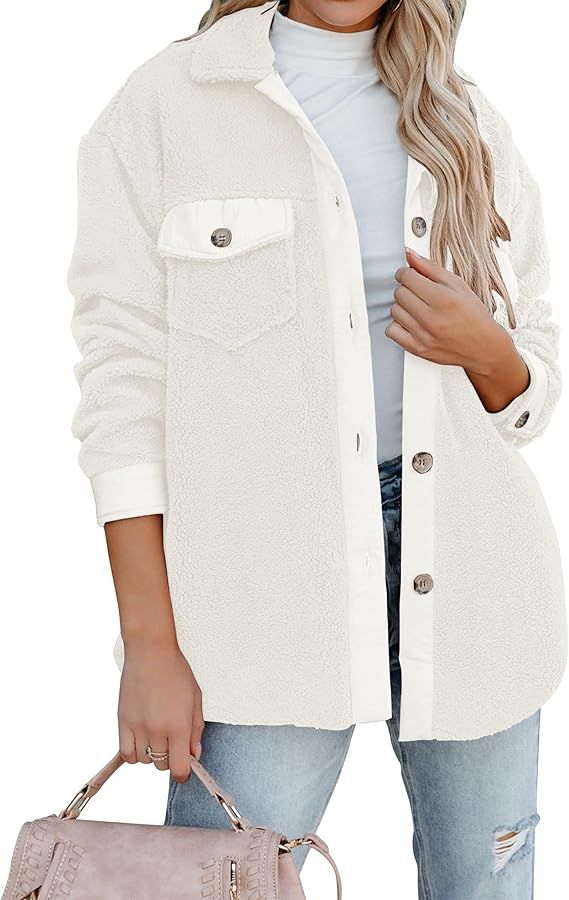 ZESICA Womens Winter Casual Sherpa Fleece Jacket Long Sleeve Button Solid Warm Fuzzy Outwear Coat... | Amazon (US)