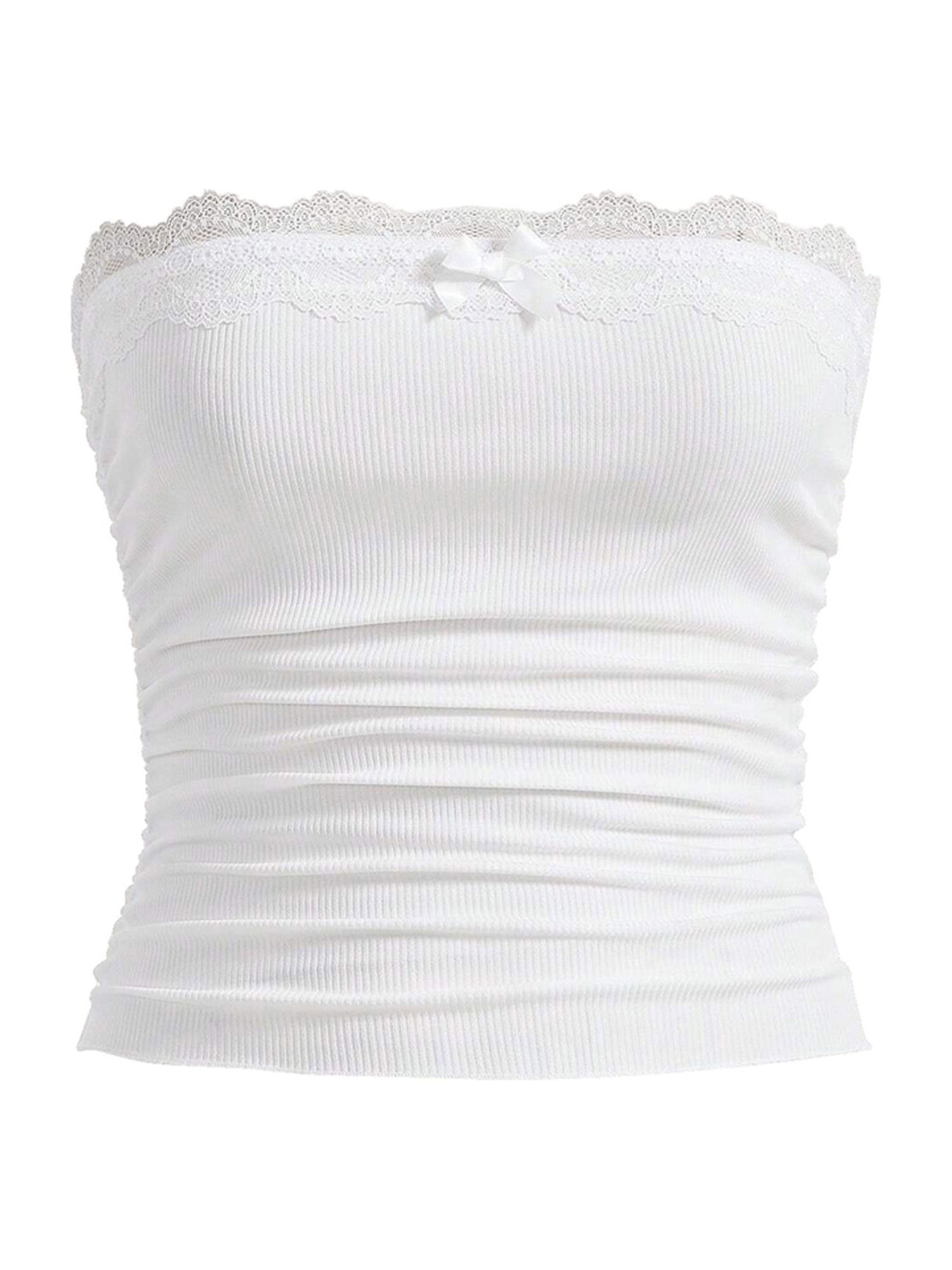 Pudcoco Women's Sexy Strapless Lace Patchwork Top Casual Twist Tube Top Ruched Going Out Crop Top... | Walmart (US)