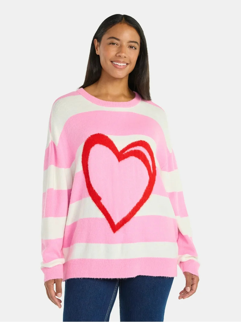 99 Jane Street Women's and Women's Plus Striped Sweater with Heart Design, Midweight, Sizes XS-4X | Walmart (US)