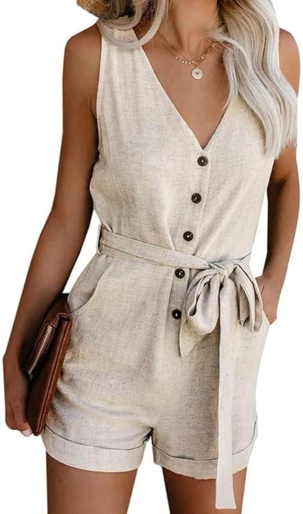 Dokotoo Womens Romper Holiday Elegant Ladies Casual One Piece Sleeveless Pocketed V Neck Front Bu... | Amazon (US)