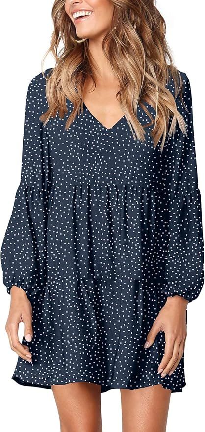 FOWSMON Women's Tunic Dress Cute Printed V Neck Long Sleeve Casual Swing Ruffle Dress | Amazon (US)