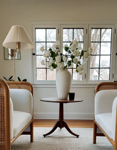 20% off sale at Afloral. Code: FAKE20. I’m using 5 stems of the faux snowball flower. *faux florals, vase, accent chairs, rug, floor lamp, wood pedestal table 