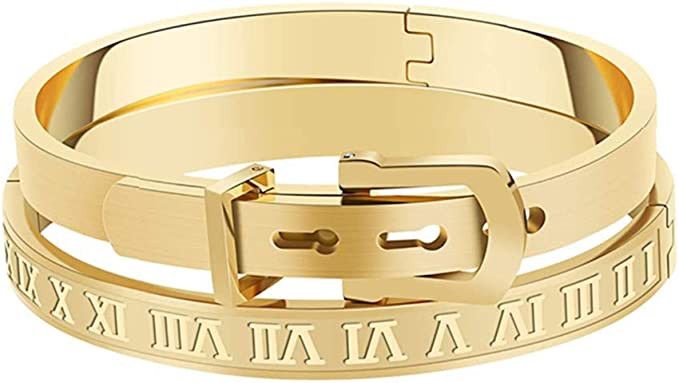 Gold Silver Rose Gold Plated Bracelets for Men Women Roman Numeral Bangle Bracelet Stainless Stee... | Amazon (US)