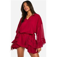 Womens Ruffle Detail Smock Mini Dress - Red - 6 | boohoo (US & Canada)