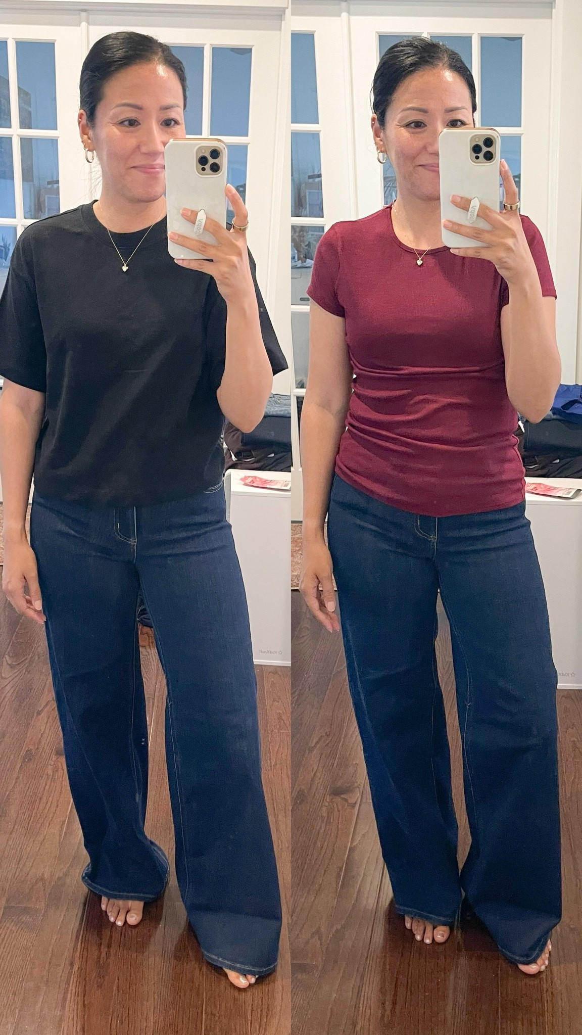 Size XS black tee (prefer small)
Size small burgundy tee 
Size 2 jeans

#LTKSaleAlert #LTKOver40 #LTKSeasonal