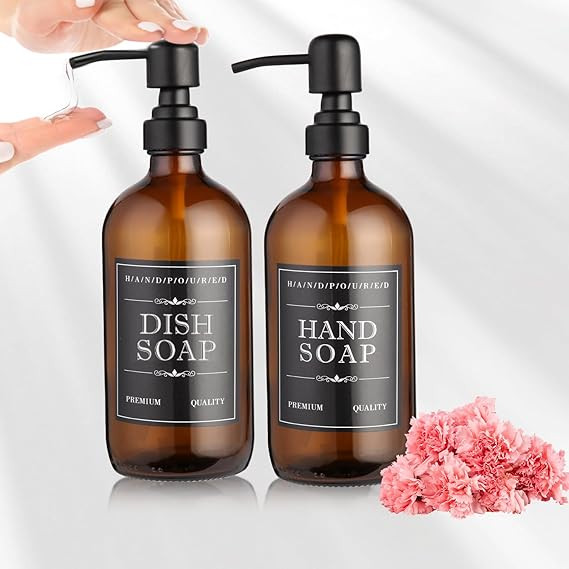 2 Pack Brown Glass Bottle, Soap Dispenser with Stainless Steel Pump,17 oz Upgrade Hand and Dish S... | Amazon (US)