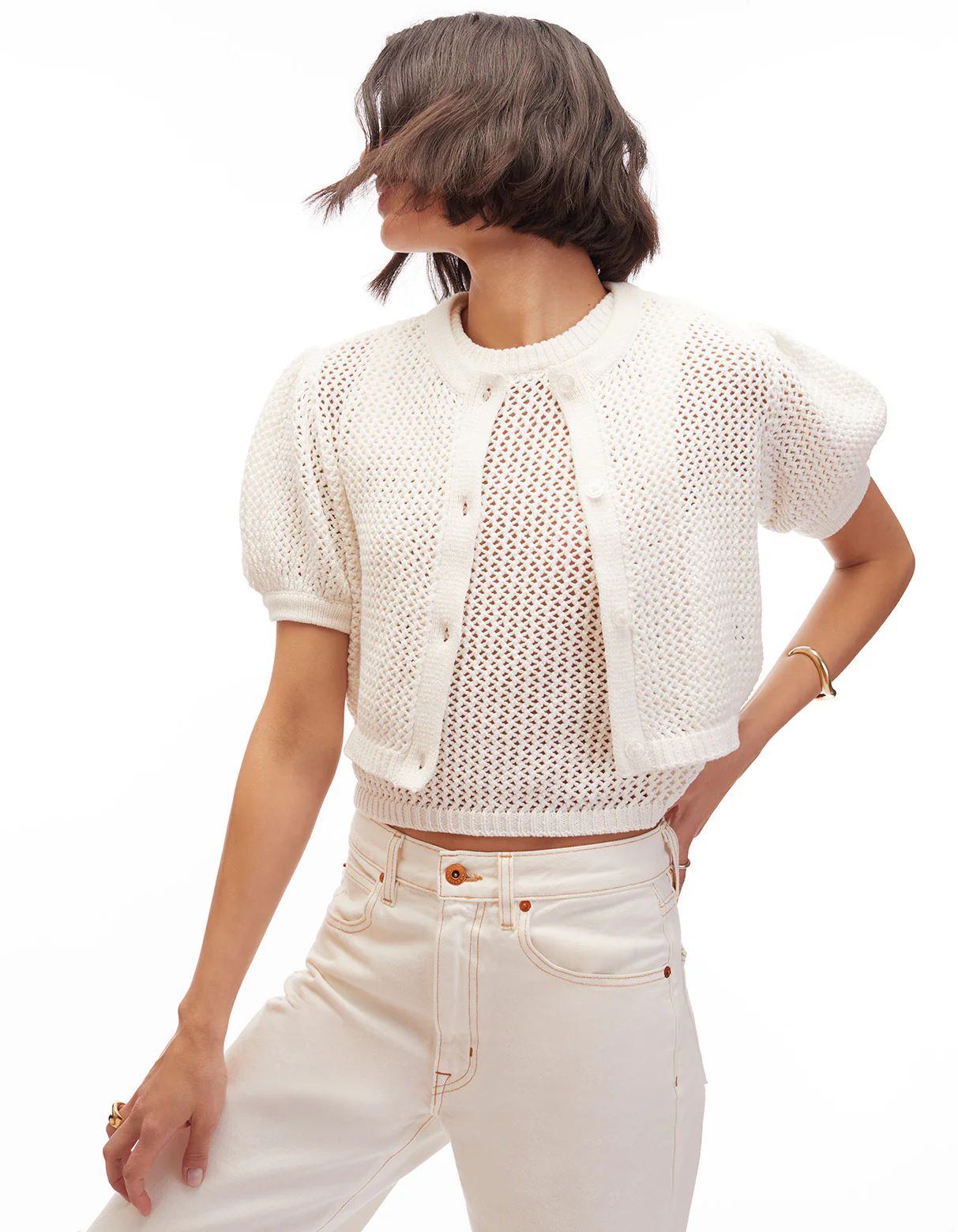 Samantha Crochet Cropped Cardi Sweater Optic White | Toccin