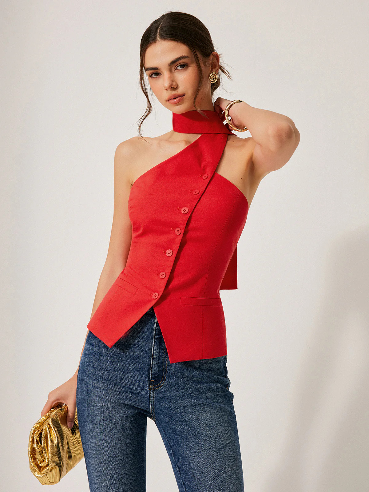 Cotton & Linen Halter Top With Decor Pockets | Commense