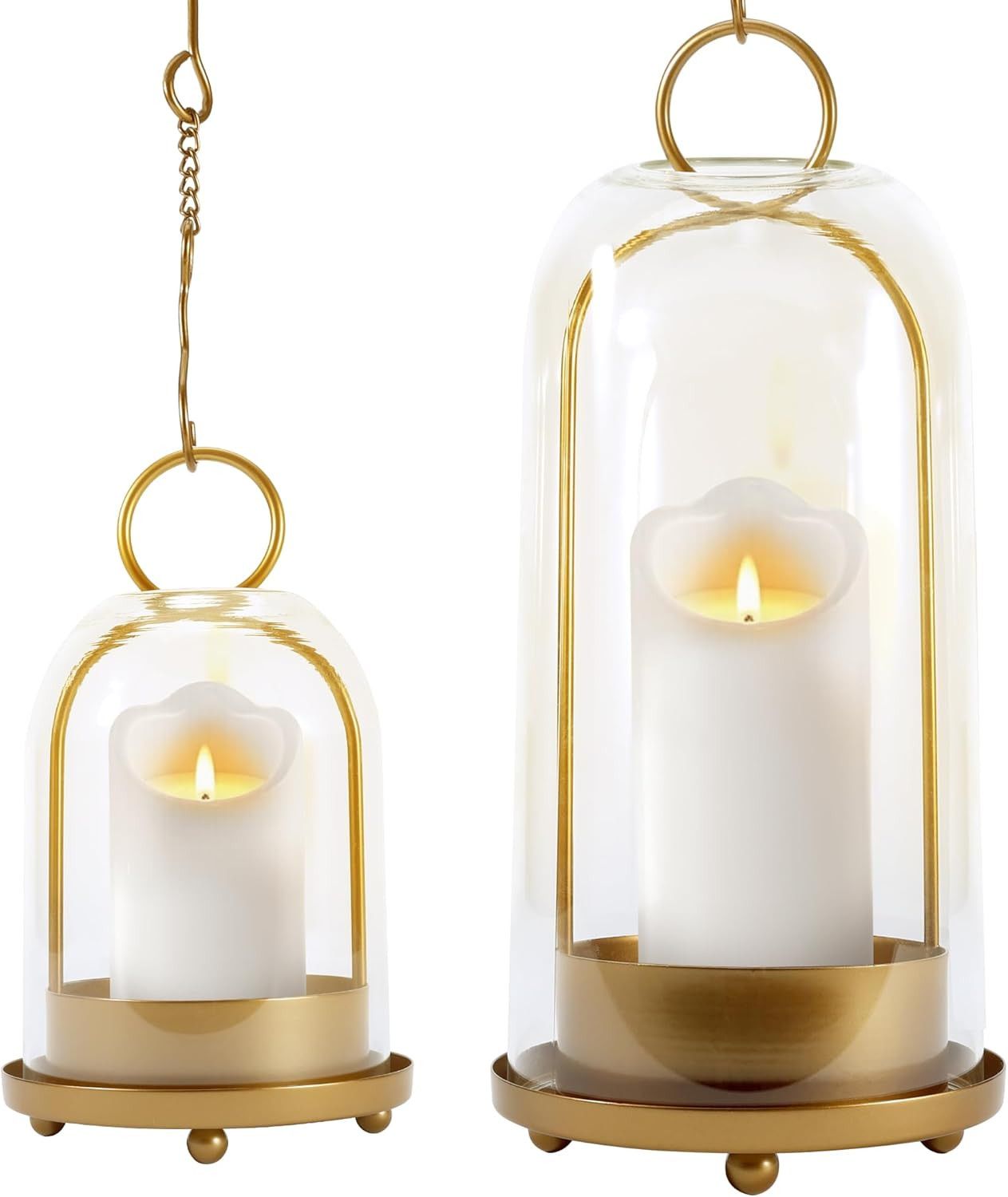 MUTUALUS Hurricane Glass Candle Holders, Large & Medium Brass Lanterns Hurricane Candlestick Holder for Pillar Candles Vintage, Gold Metal Rustic Farmhouse Decor with Hook Chains | Amazon (US)