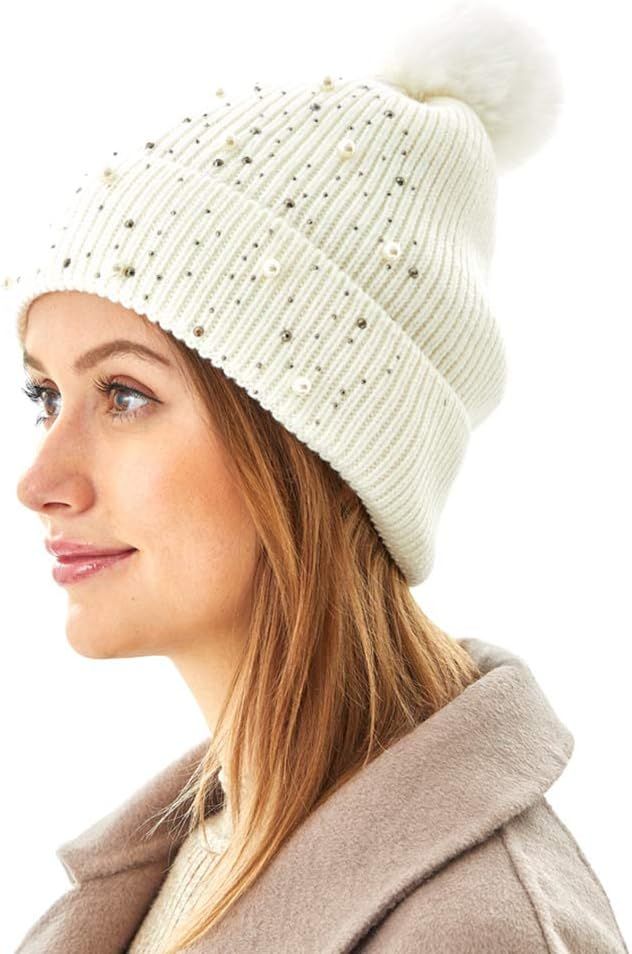 Women Winter Knitted Beanie Hat with Faux Fur Pom Pom Warm Soft Fleece Lined | Amazon (US)