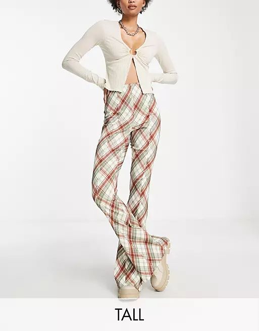 Topshop Tall high waisted bengaline flared trouser with side splits in check print | ASOS (Global)