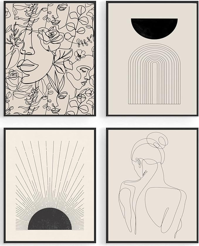 Minimalist Boho Wall Art Set of 4, Abstract Wall Art Black Beige Sunrise Women Line Wall Decor, M... | Amazon (US)