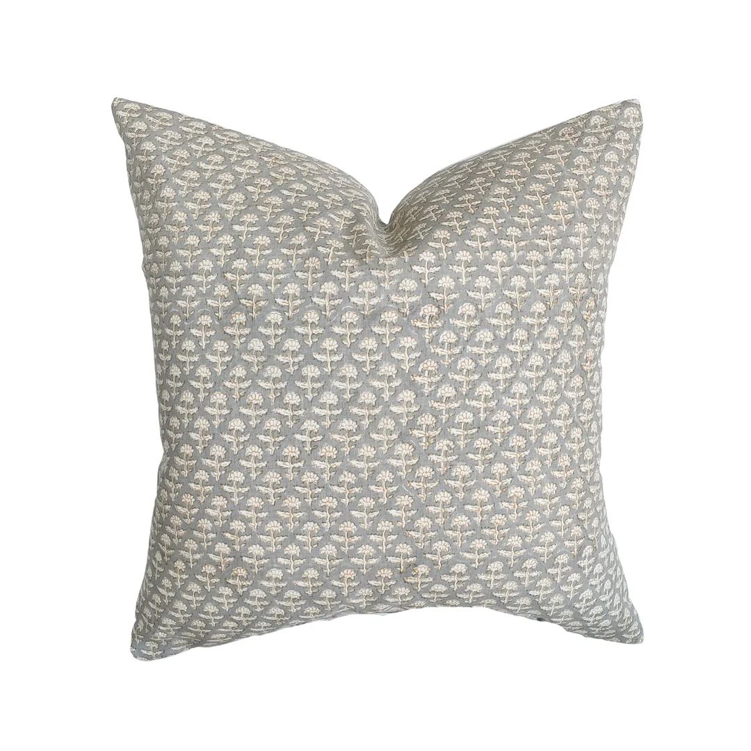 Jude  Floral Handblock Linen Pillow Cover  Neutral Gray - Etsy | Etsy (US)
