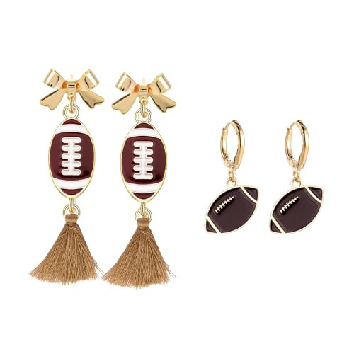2 Pairs Football Earrings for Women Bow Football Tassel Dangle Drop Earrings Lightweight Cheer Hoop Earrings Sport Jewelry for Game Day, Sports Fans, Football Mom (brown) | Amazon (US)