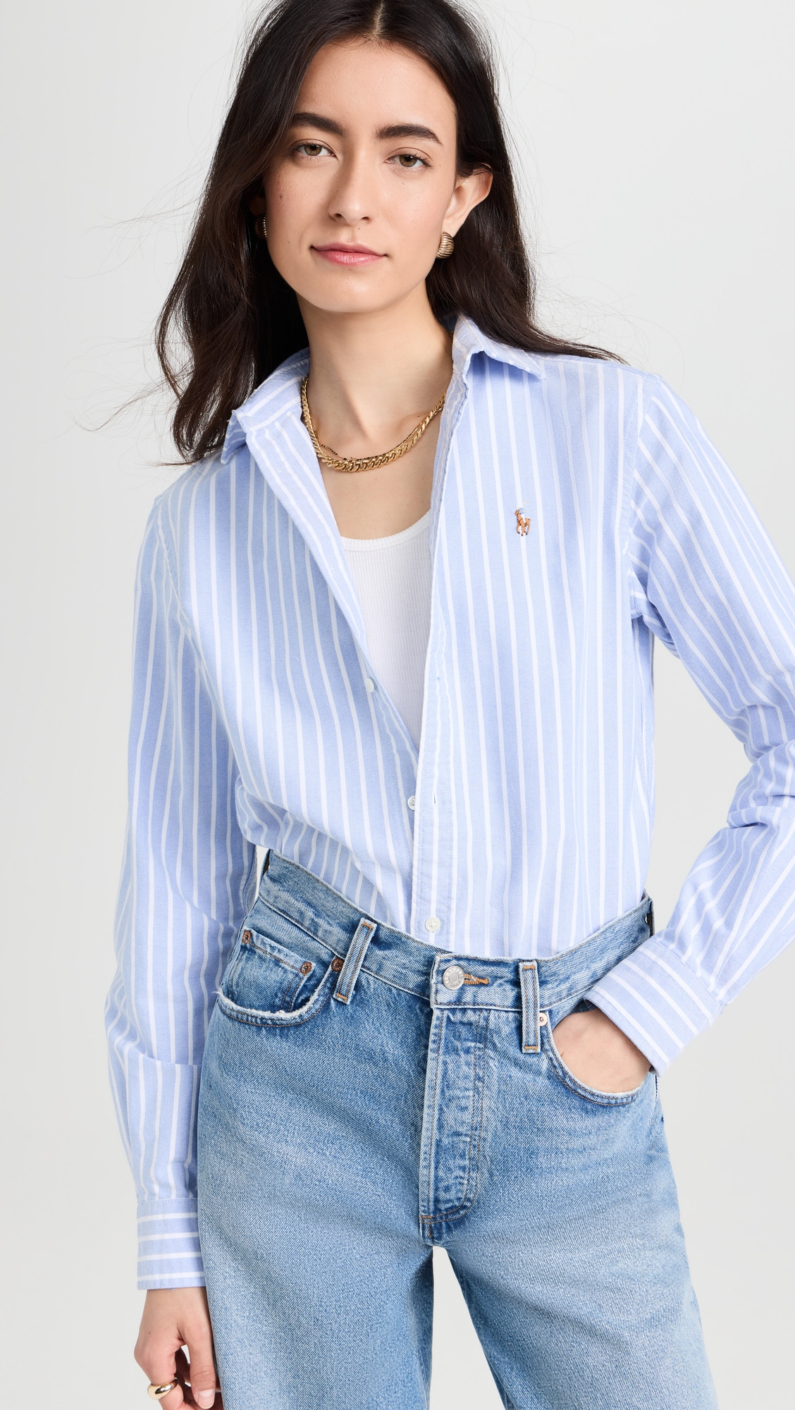Polo Ralph Lauren Cotton Oxford Long Sleeve Button Down Harbor Island Blue/White 0 | Shopbop